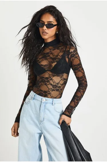 Lace High Neck Long Sleeve Bodysuit - black