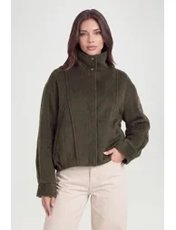 Textured Funnel Neck Wool Look Jacket - khaki - 3