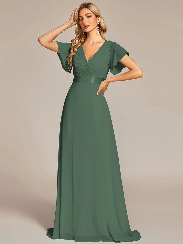 ever MONICA|Long Empire Waist Bridesmaid Dress with Short Flutter Sleeves - 2