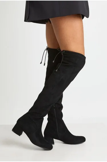 Faux Suede Low Block Stretch Tie Over The Knee Boots - black