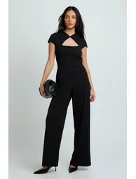 Jersey Crepe High Neck Wide Leg Jumpsuit - black