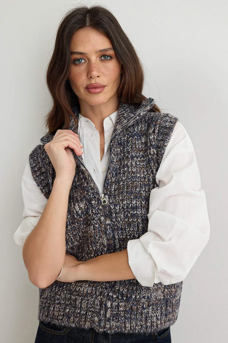 Navy Blue Soft Textured Zipper Detailed Knitwear Sweater