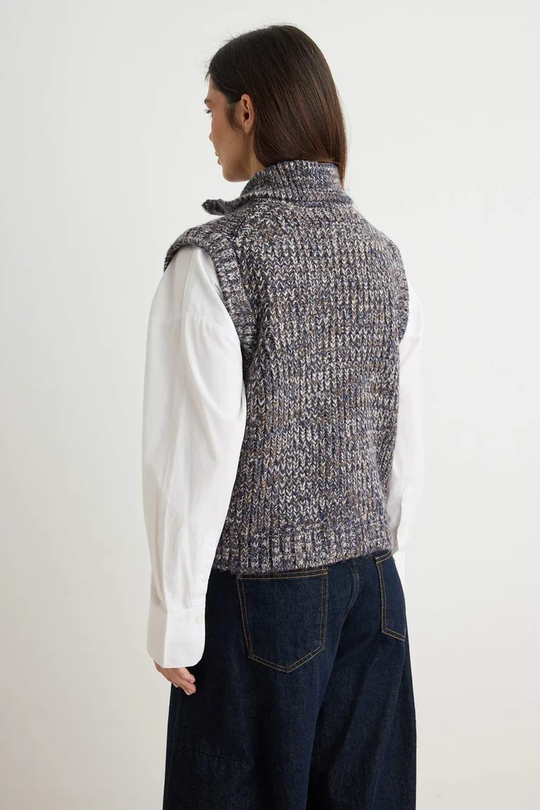 Navy Blue Soft Textured Zipper Detailed Knitwear Sweater - 3