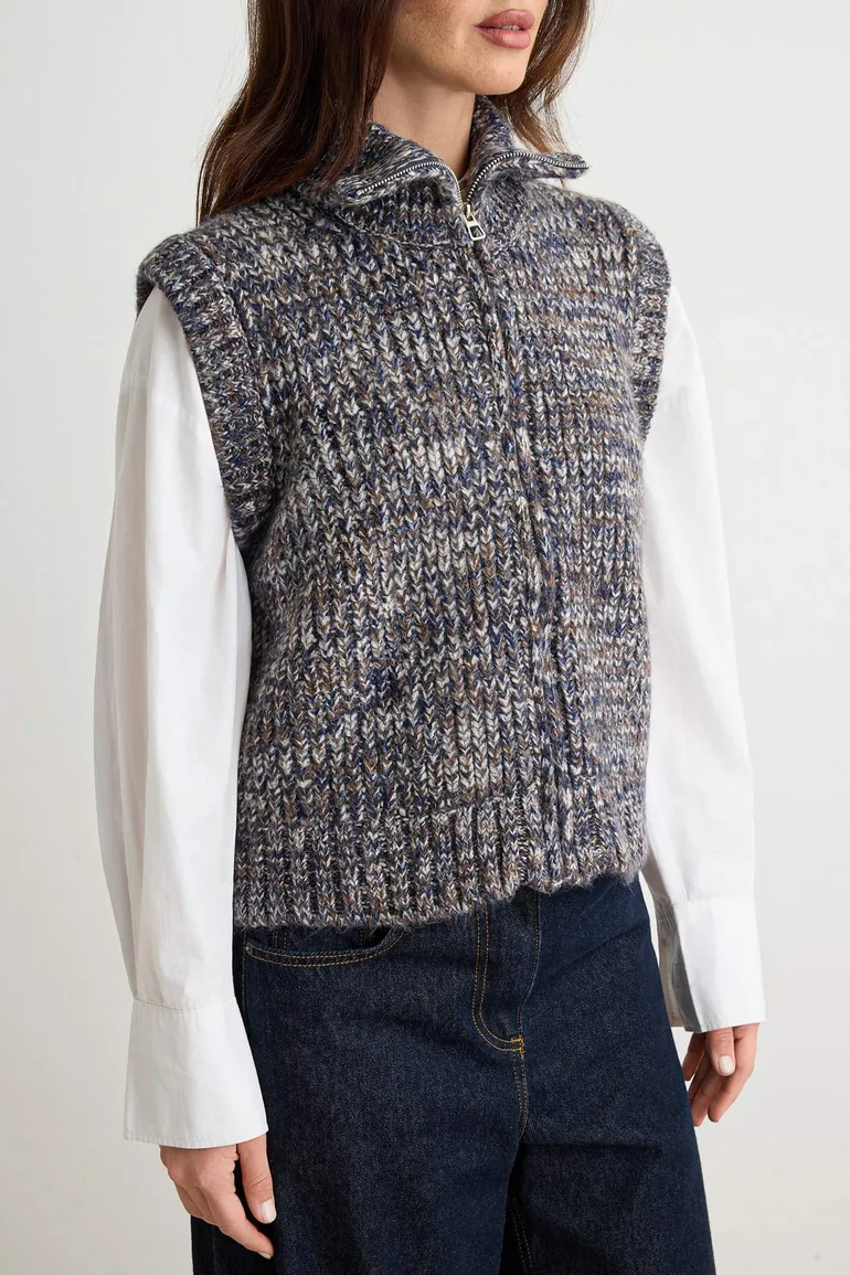 Navy Blue Soft Textured Zipper Detailed Knitwear Sweater - 2