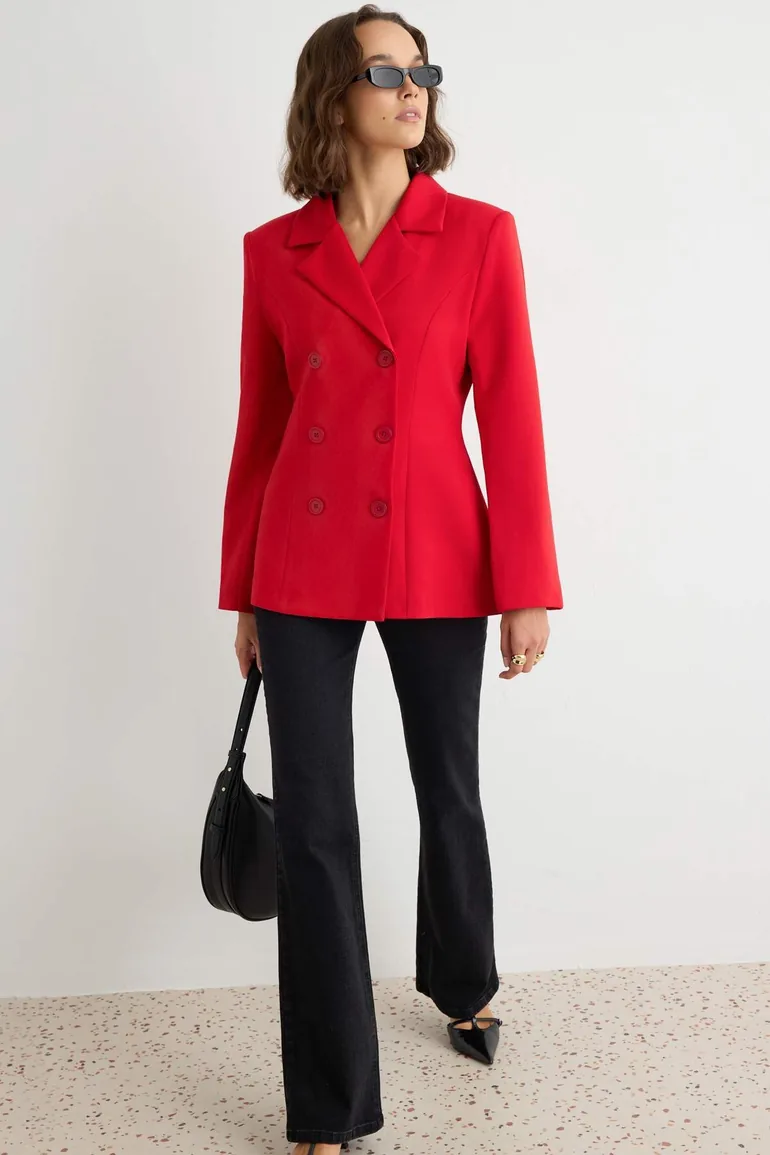 Red Double-Breasted Regular Fit Blazer Jacket with Closure Buttons