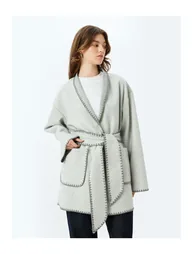 Long Double Breasted Coat Shawl Collar Belted Crochet Detailed Pockets - 4