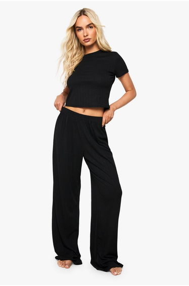 Pointelle Baby Tee and Wide Leg Trouser Pyjama Set - black