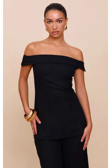 Black Textured Fold Over Bardot Long Top