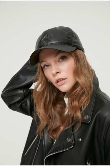 Women's Black Faux Leather Hat