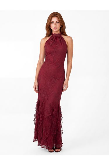 Maya Cranberry Floral Lace Halter Neck Ruffle Maxi Dress