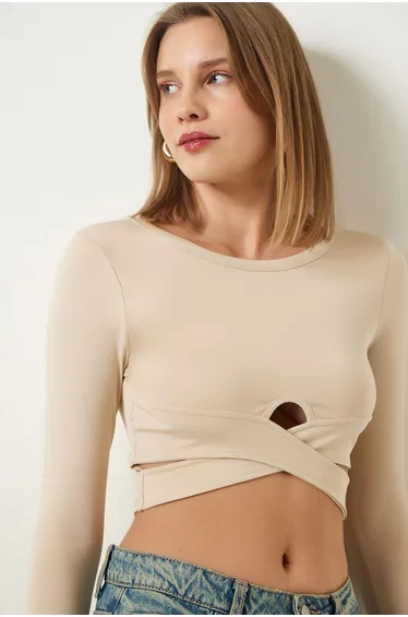 Women's Cream Cut Out Detailed Crop Blouse CE00091