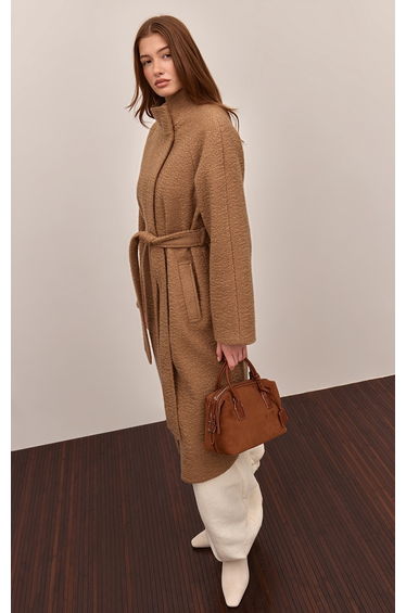 Camel High Neck Tie Waist Wool Look Maxi Coat