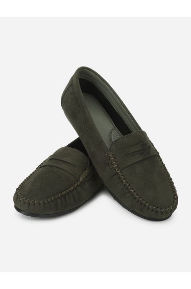 Dark Green Suede Look Loafers