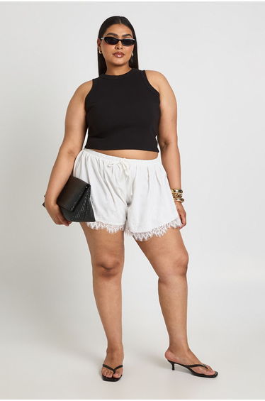 Plus Lace Trim Poplin Flippy Shorts - white