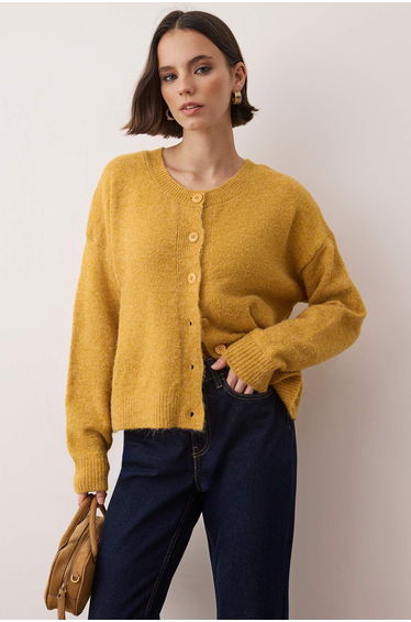 Wardrobe essentials mustard alpaca wool blend oversized knit cardigan