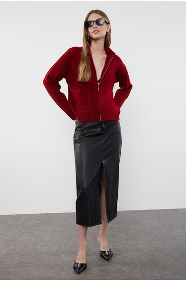 Burgundy Soft Textured Zippered Knitwear Cardigan