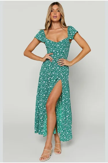 Green Patterned Slit Long Dress