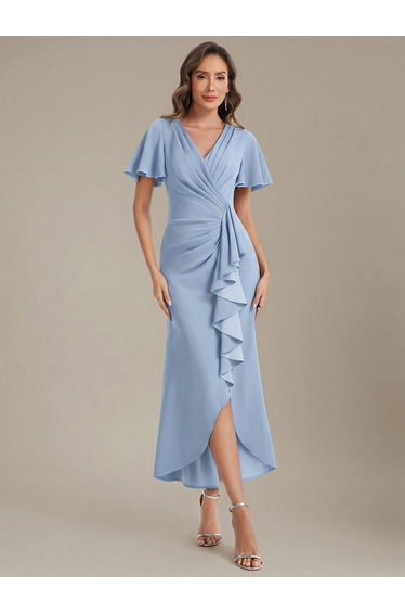 Thigh-High Slit Knit Ruffle Sleeve Wedding Guest Dress