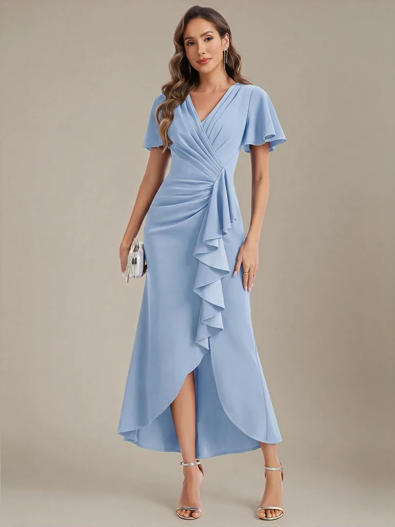 Thigh-High Slit Knit Ruffle Sleeve Wedding Guest Dress - 2
