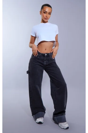 Petite Washed Black Wide Leg Jeans With Strap Detail