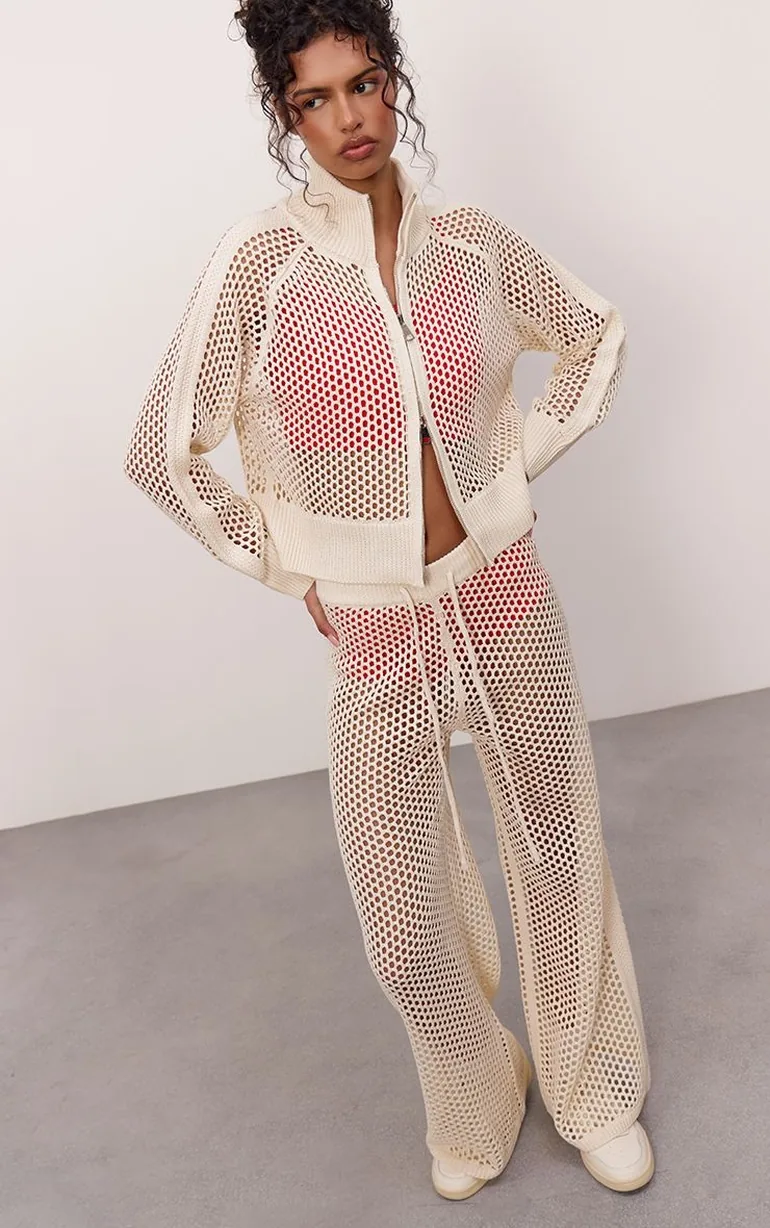 Cream Crochet Knit Stripe Detail Track Trousers - 3