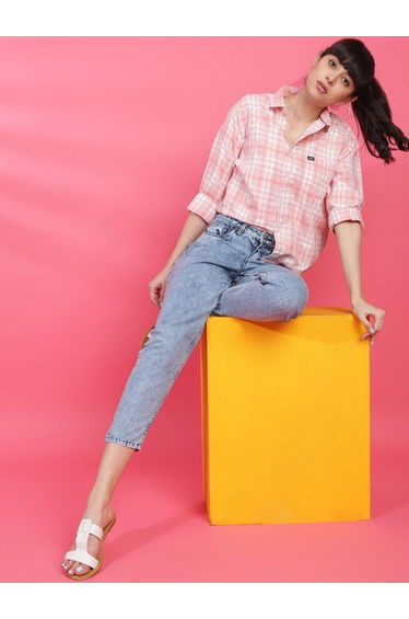 Women Blue Mom Fit Acid Wash Jeans