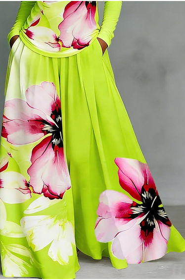High Waisted Loose Contrast Color Flower Print Pleated Pockets Pants Trousers product thumbnail 2