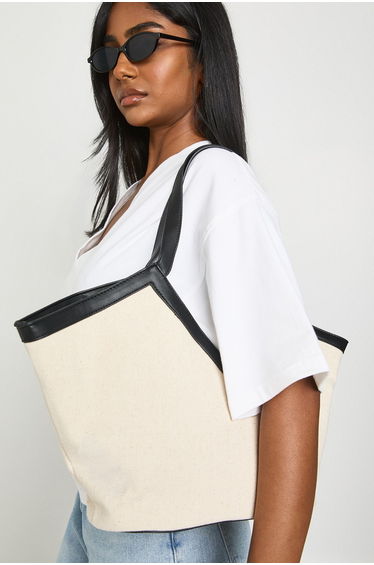 Linen Contrast Tote Bag With Internal Pouch - black