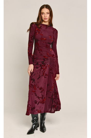 Wine Burnout Ruched Maxi Dress