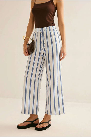 Stripes Print Linen Wide Leg Pants