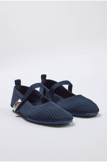 Navy Blue Knitwear Women's Ballerinas with Metal Accessory Detail