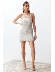 Beige Sequined Elegant Evening Dress