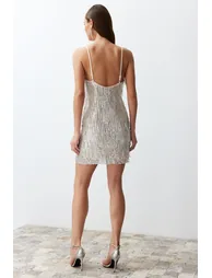 Beige Sequined Elegant Evening Dress - 1
