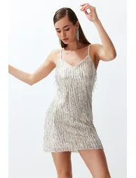 Beige Sequined Elegant Evening Dress - 2
