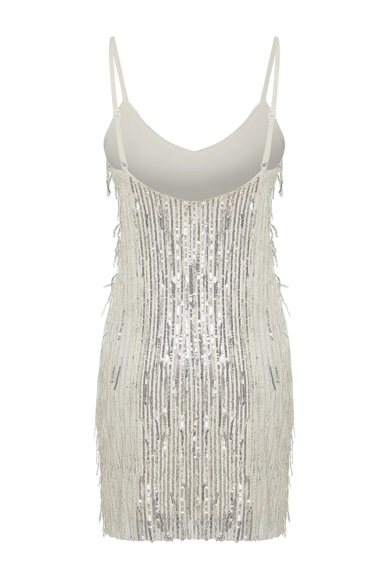 Beige Sequined Elegant Evening Dress - 4