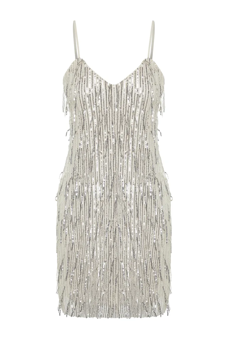Beige Sequined Elegant Evening Dress - 3