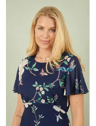 Yumi Navy Mesh Bird And Floral Print Midi Dress With Ruffles - 2