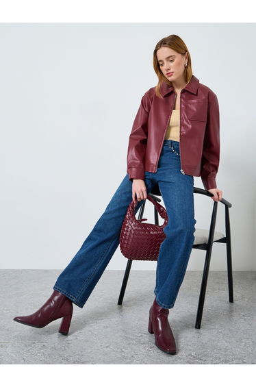 Women Burgundy Zip Up Faux Leather Jacket