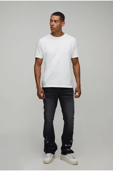 Ripped Zip Hem Slim Stacked Flared Jeans - washed black