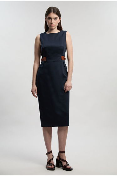 Tailored Linen Tab Waist Pencil Midi Dress