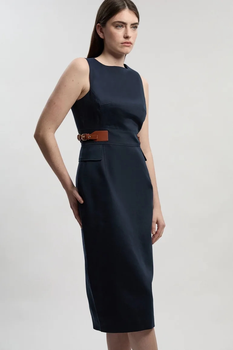 Tailored Linen Tab Waist Pencil Midi Dress - 1