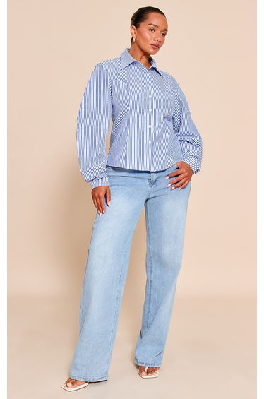 Shape Blue Striped Cocoon Sleeve Button Front Shirt