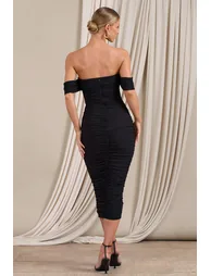 Lost For Words | Black Bardot Ruched Draped Midi Dress - 1