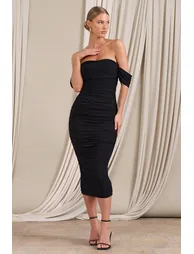 Lost For Words | Black Bardot Ruched Draped Midi Dress