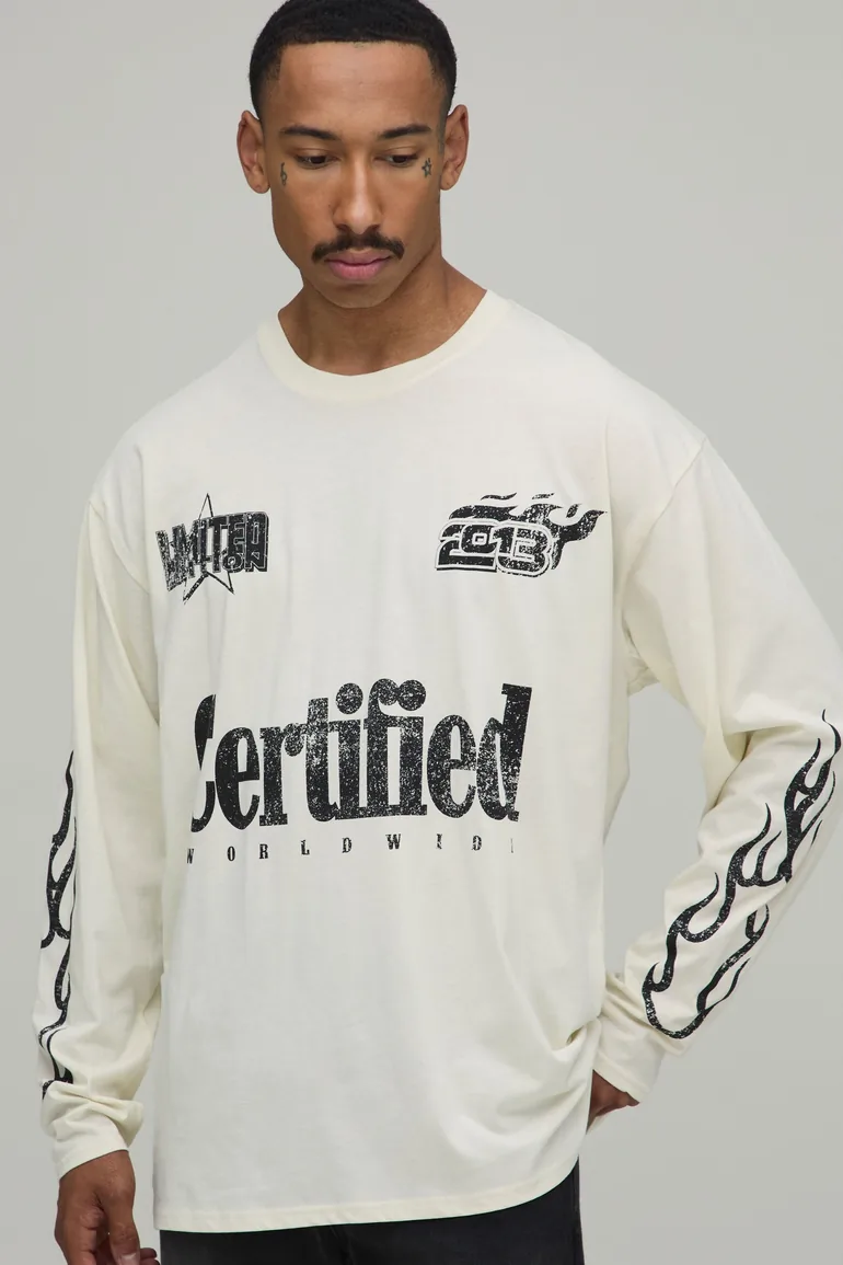 Ecru Oversized Certified Moto Print Long Sleeve T-Shirt - ecru