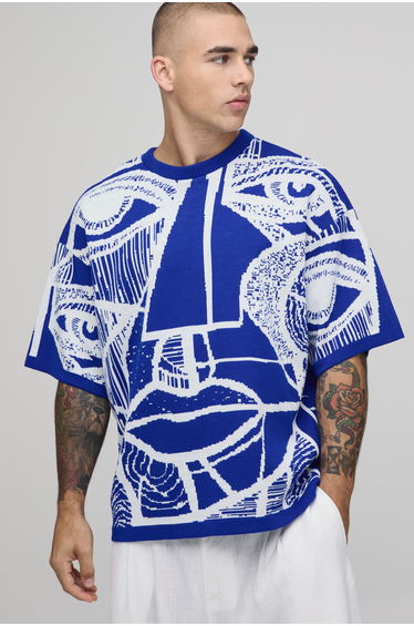 Oversized Jacquard Abstract Face Knitted T-Shirt - cobalt