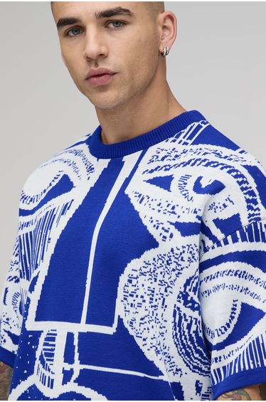 Oversized Jacquard Abstract Face Knitted T-Shirt - cobalt product thumbnail 3