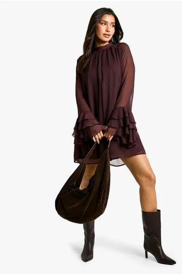 Tall High Neck Volume Sleeve Chiffon Smock Dress - plum