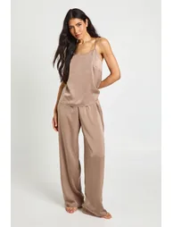 Tall Satin Cami & Wide Leg Trouser Pyjama Set - mocha