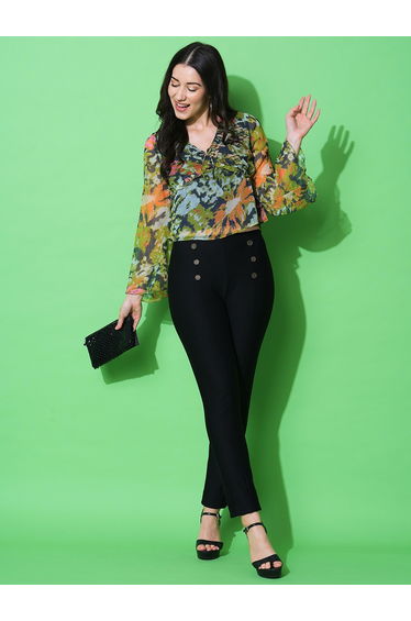 Floral Print Flared Sleeves V-Neck Top